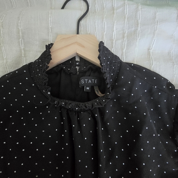 1 State Smocked Ruffle Dress in Black and Silver Polka Dots Size M - Picture 6 of 6